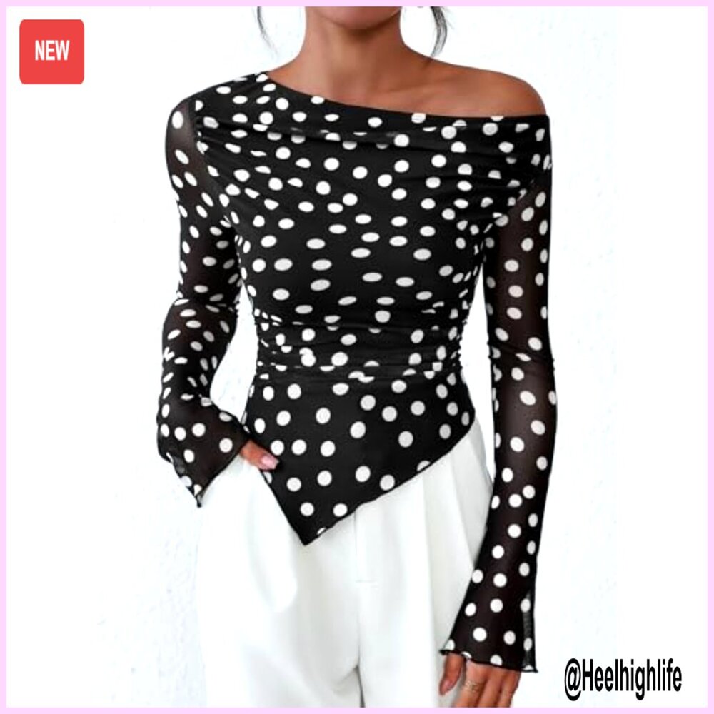 Off Shoulder Mesh Blouse Asymmetrical Ruched Long Sleeve Slim Fit Top - Picture 4 of 7